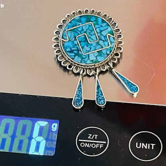 MEXICO 925 STERLING SILVER CRUSHED TURQUOISE INLAY BROOCH PIN PENDANT COMBO - Picture 7 of 7